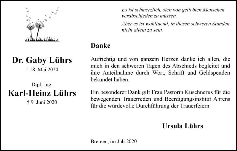 Traueranzeige von Gaby Lührs von WESER-KURIER