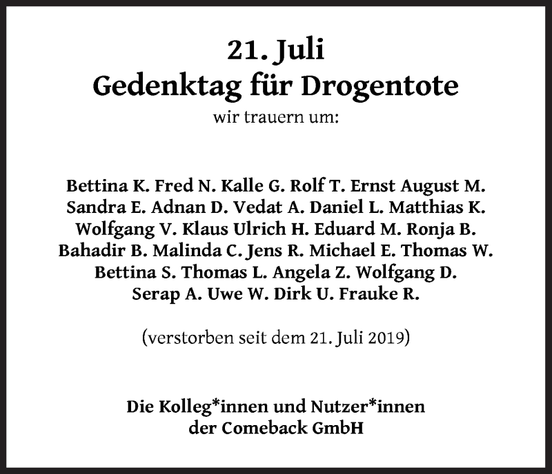 Traueranzeige von Gedenktag für Drogentote von WESER-KURIER