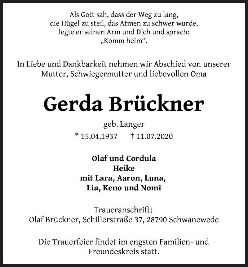 Traueranzeige von Gerda Brückner von Die Norddeutsche