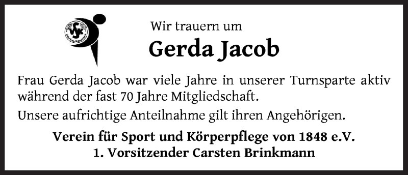 Traueranzeige von Gerda Jacob von Osterholzer Kreisblatt