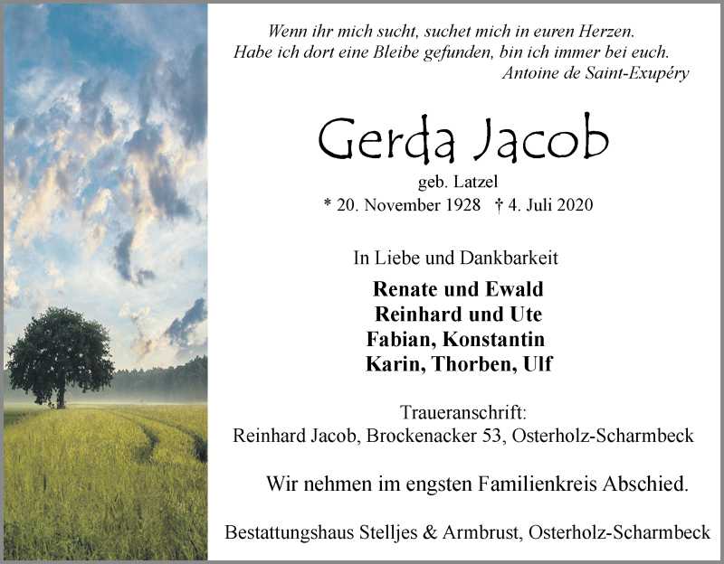 Traueranzeige von Gerda Jacob von Osterholzer Kreisblatt