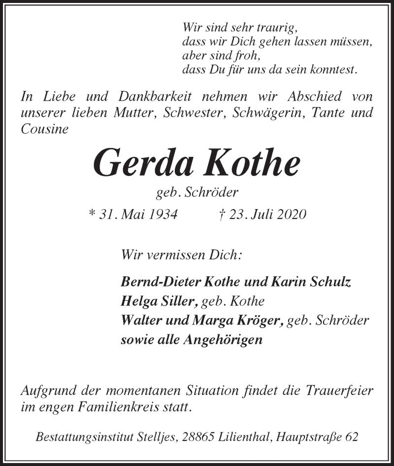 Traueranzeige von Gerda Kothe von WESER-KURIER