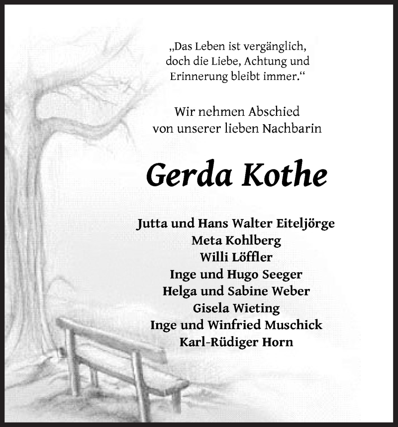 Traueranzeige von Gerda Kothe von Wuemme Zeitung