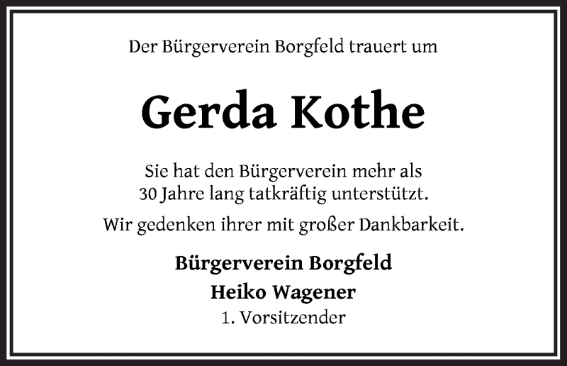 Traueranzeige von Gerda Kothe von Wuemme Zeitung