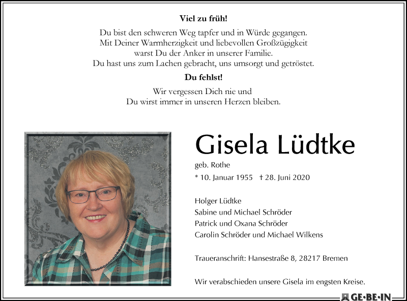 Traueranzeige von Gisela Lüdtke von WESER-KURIER