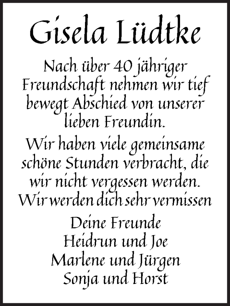 Traueranzeige von Gisela Lüdtke von WESER-KURIER