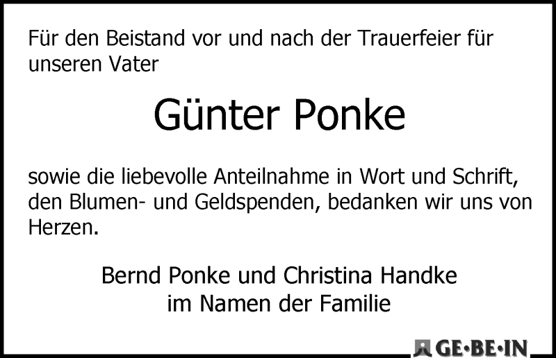 Traueranzeige von Günter Ponke von WESER-KURIER