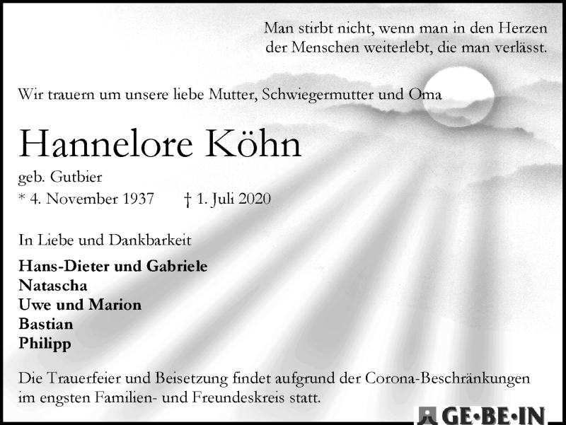 Traueranzeige von Hannelore Köhn von WESER-KURIER