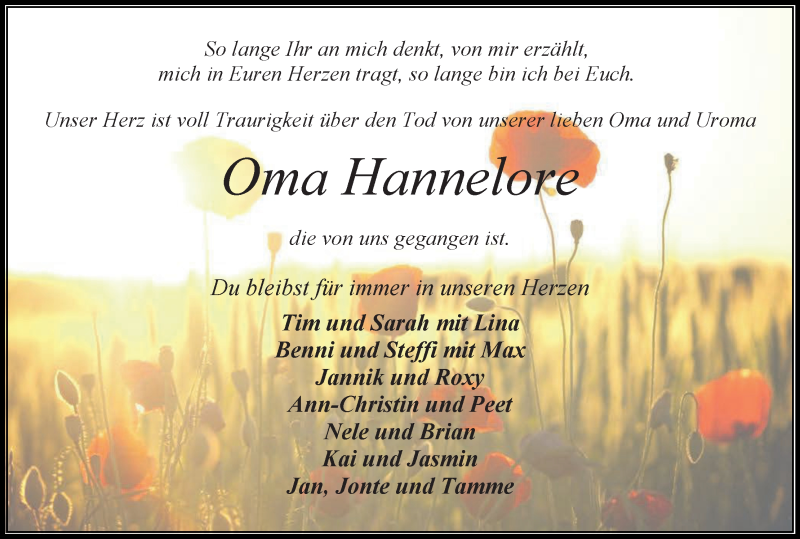 Traueranzeige von Hannelore Kühlken von Osterholzer Kreisblatt