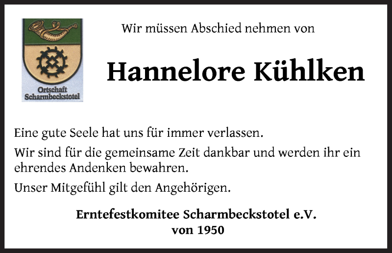 Traueranzeige von Hannelore Kühlken von Osterholzer Kreisblatt