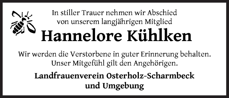 Traueranzeige von Hannelore Kühlken von Osterholzer Kreisblatt