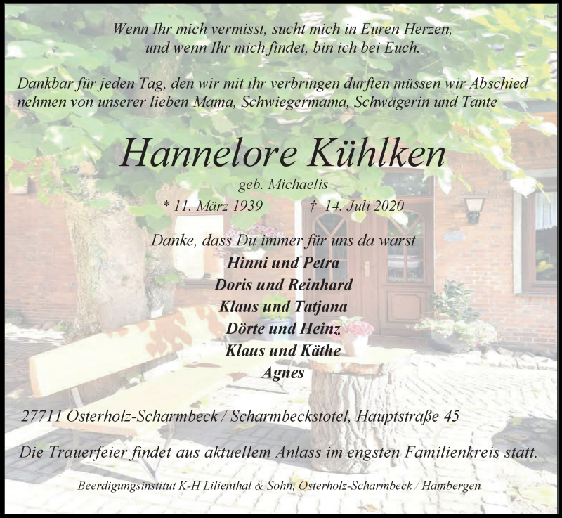 Traueranzeige von Hannelore Kühlken von Osterholzer Kreisblatt