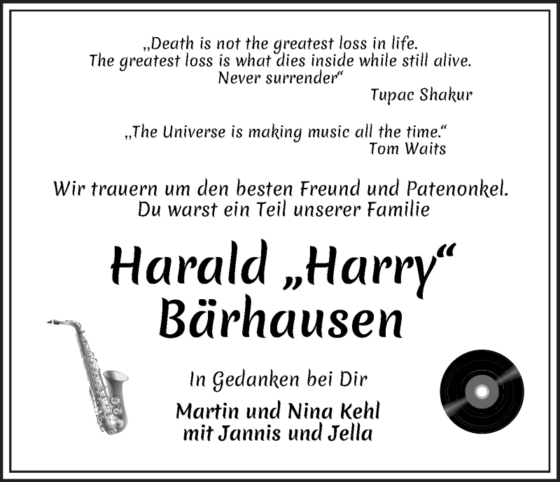 Traueranzeige von Harald Bärhausen von WESER-KURIER
