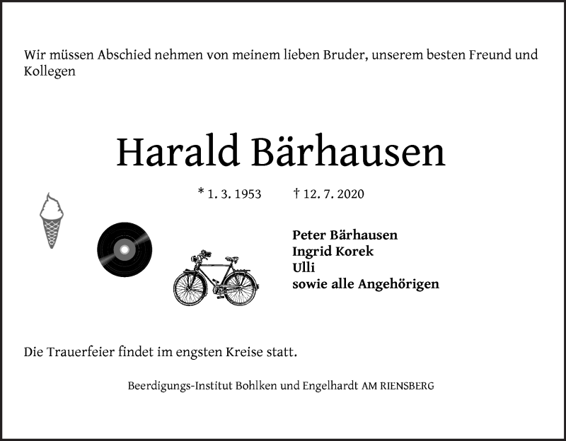 Traueranzeige von Harald Bärhausen von WESER-KURIER