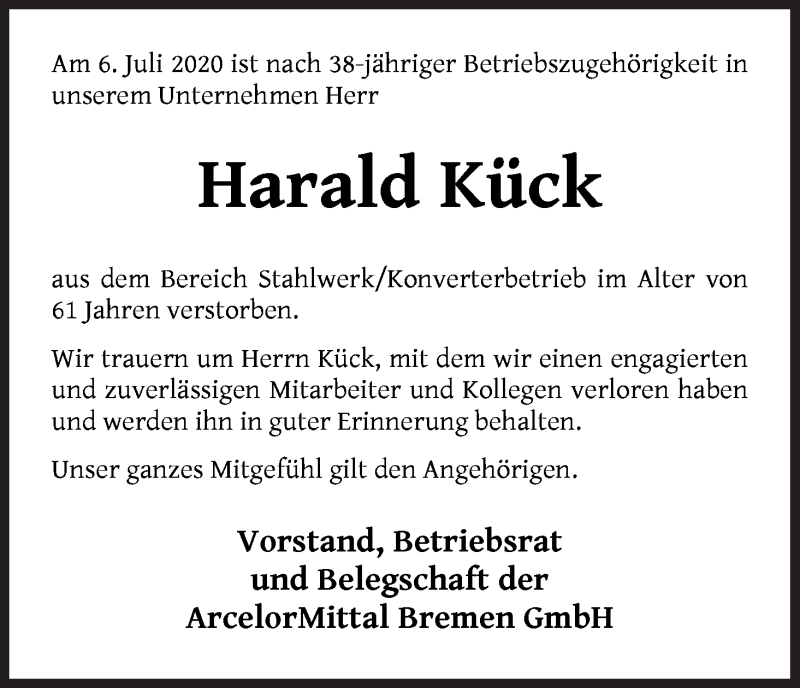 Traueranzeige von Harald Kück von WESER-KURIER