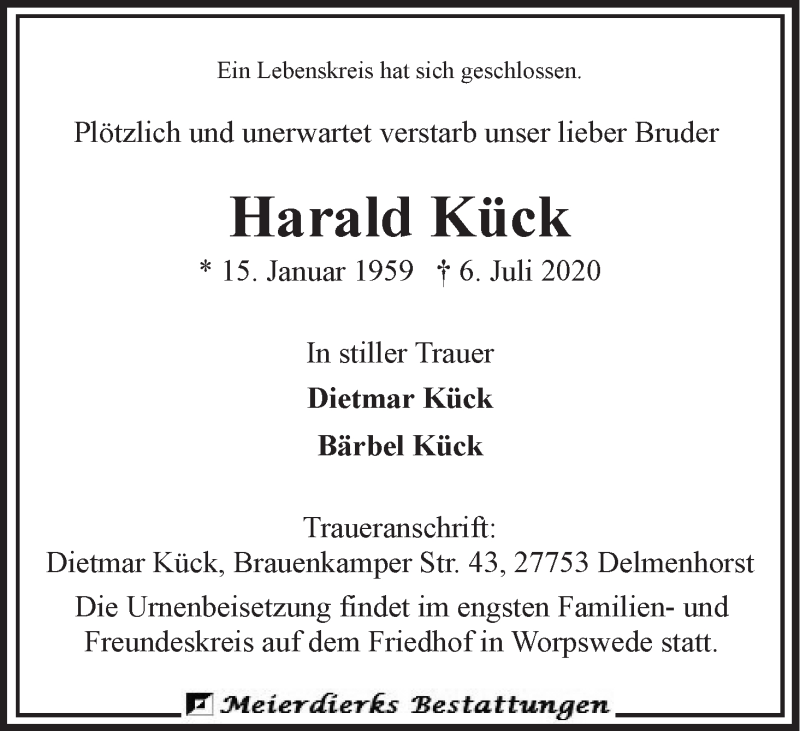 Traueranzeige von Harald Kück von Wuemme Zeitung