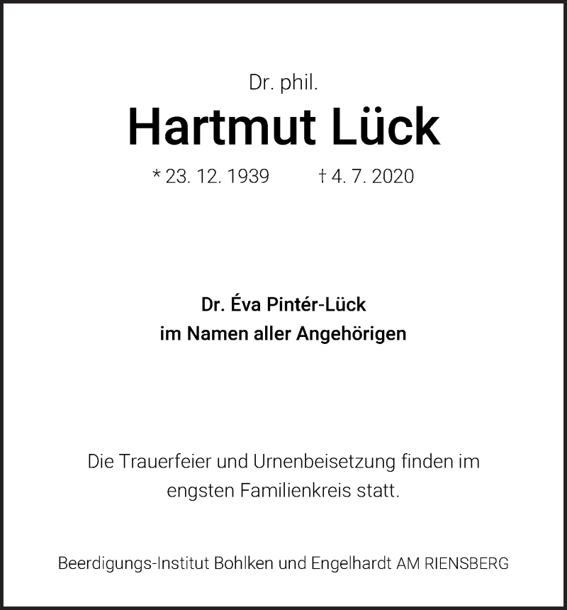 Traueranzeige von Hartmut Lück von WESER-KURIER