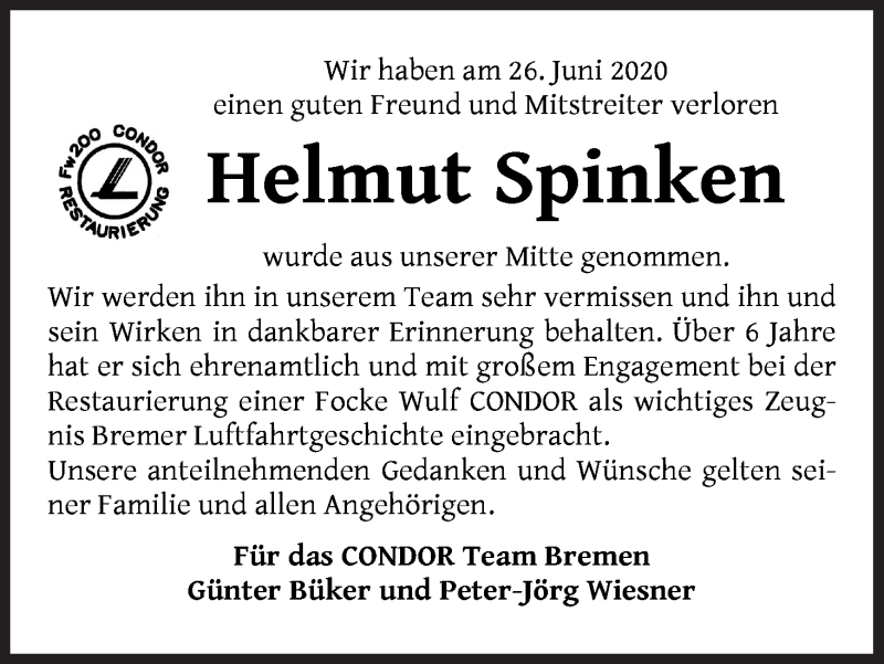 Traueranzeige von Helmut Spinken von WESER-KURIER