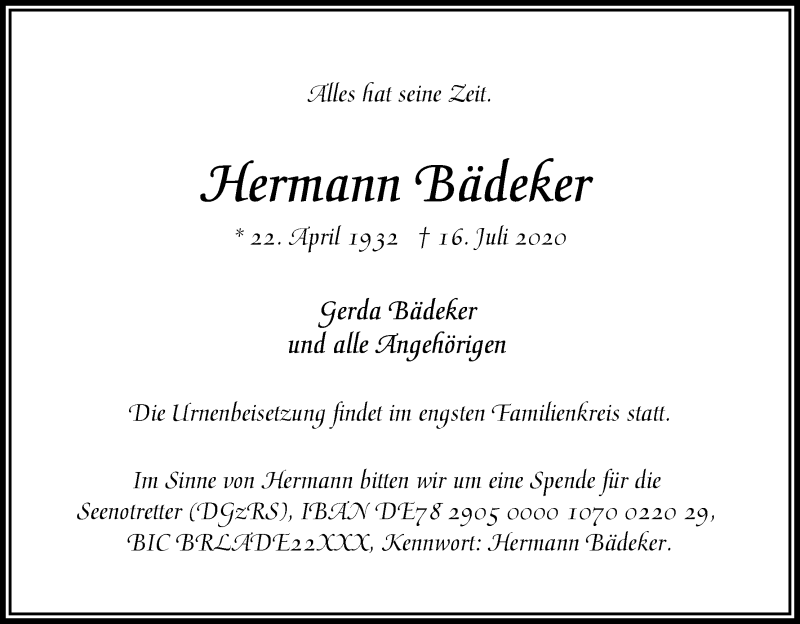 Traueranzeige von Hermann Bädeker von WESER-KURIER