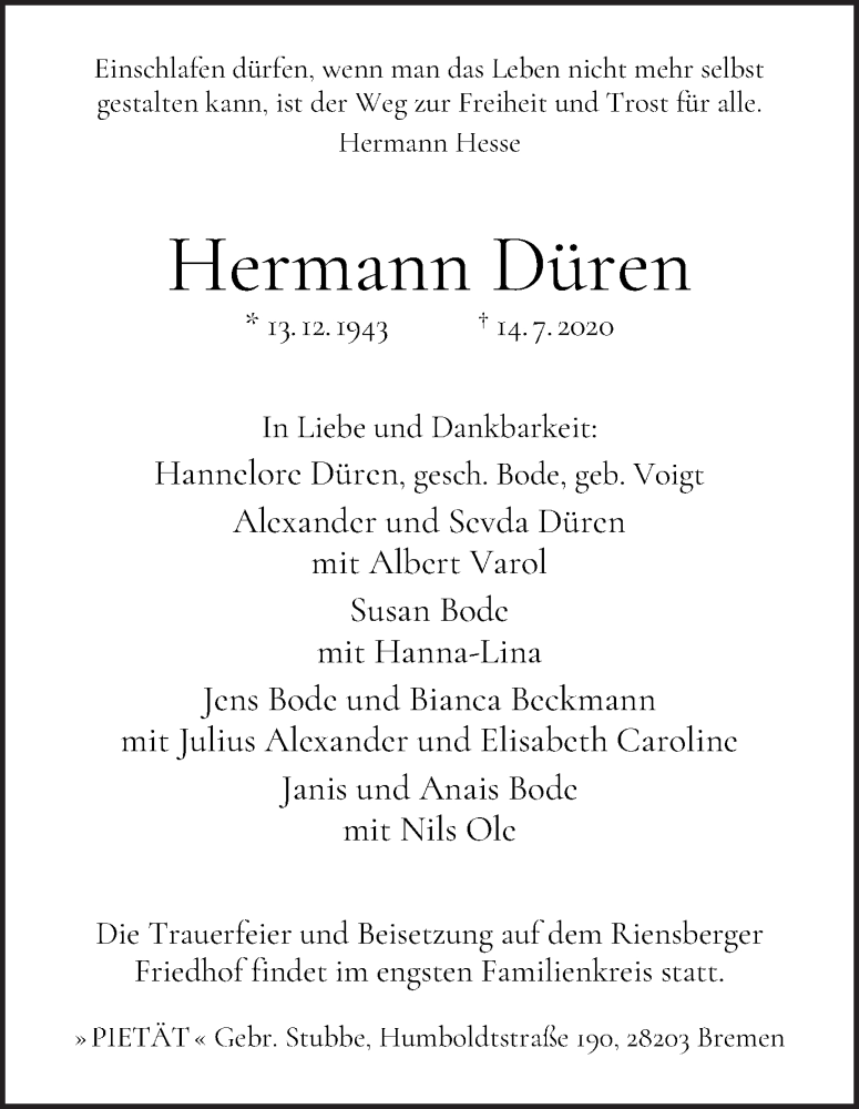 Traueranzeige von Hermann Düren von WESER-KURIER