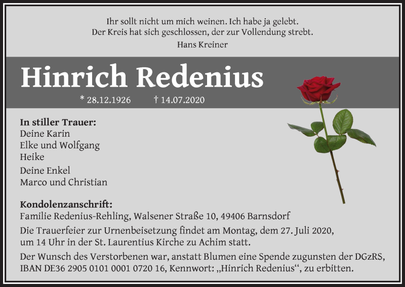 Traueranzeige von Hinrich Redenius von WESER-KURIER