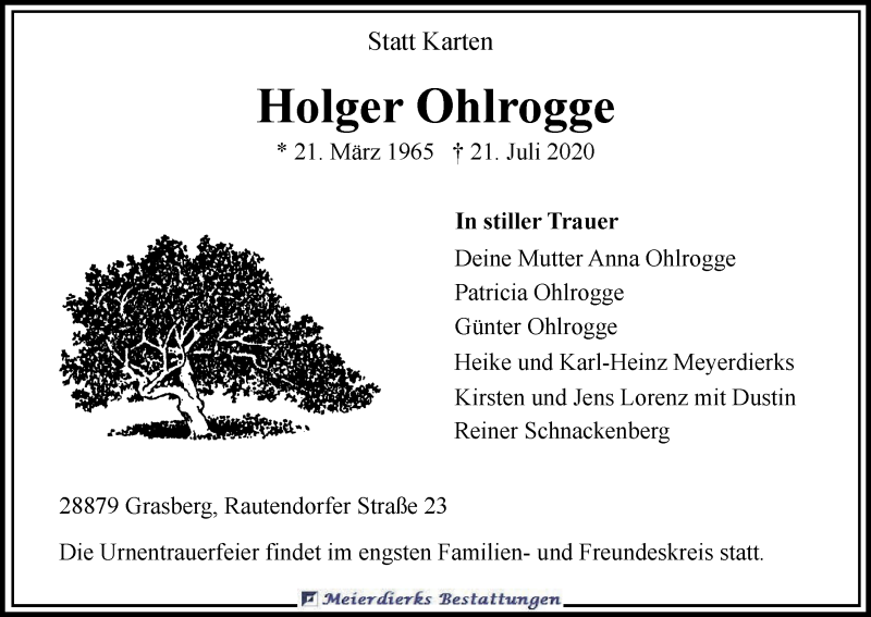 Traueranzeige von Holger Ohlrogge von Wuemme Zeitung