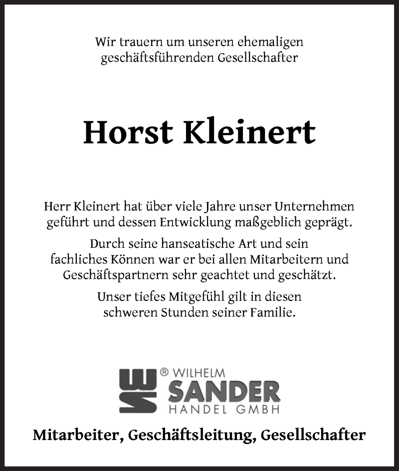 Traueranzeige von Horst Kleinert von WESER-KURIER