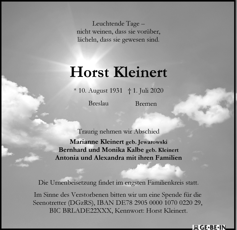 Traueranzeige von Horst Kleinert von WESER-KURIER
