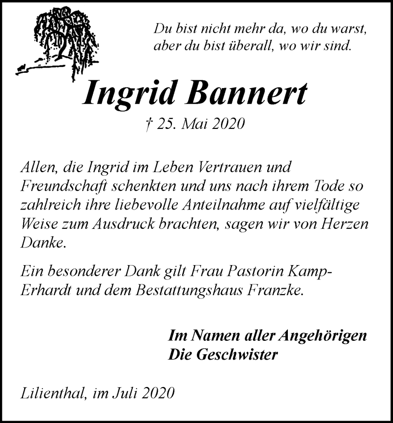 Traueranzeige von Ingrid Bannert von Wuemme Zeitung