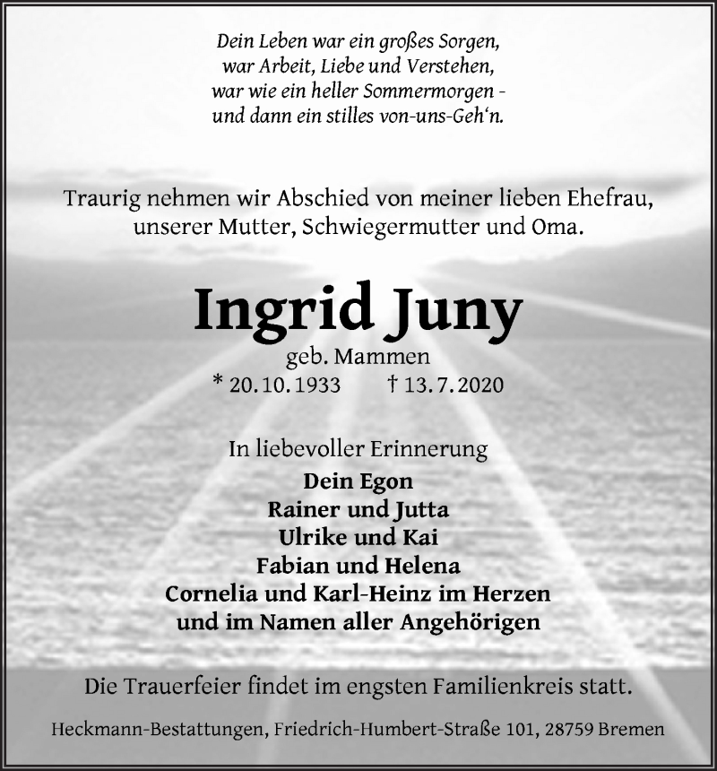 Traueranzeige von Ingrid Juny von Die Norddeutsche