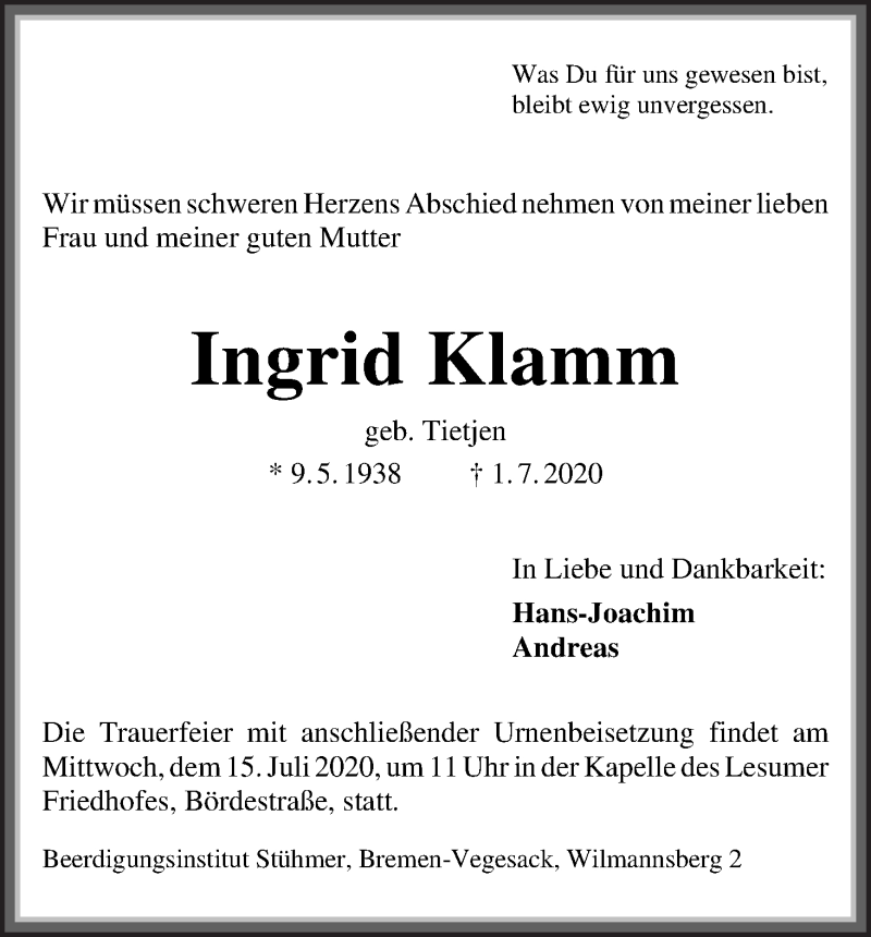 Traueranzeige von Ingrid Klamm von Die Norddeutsche