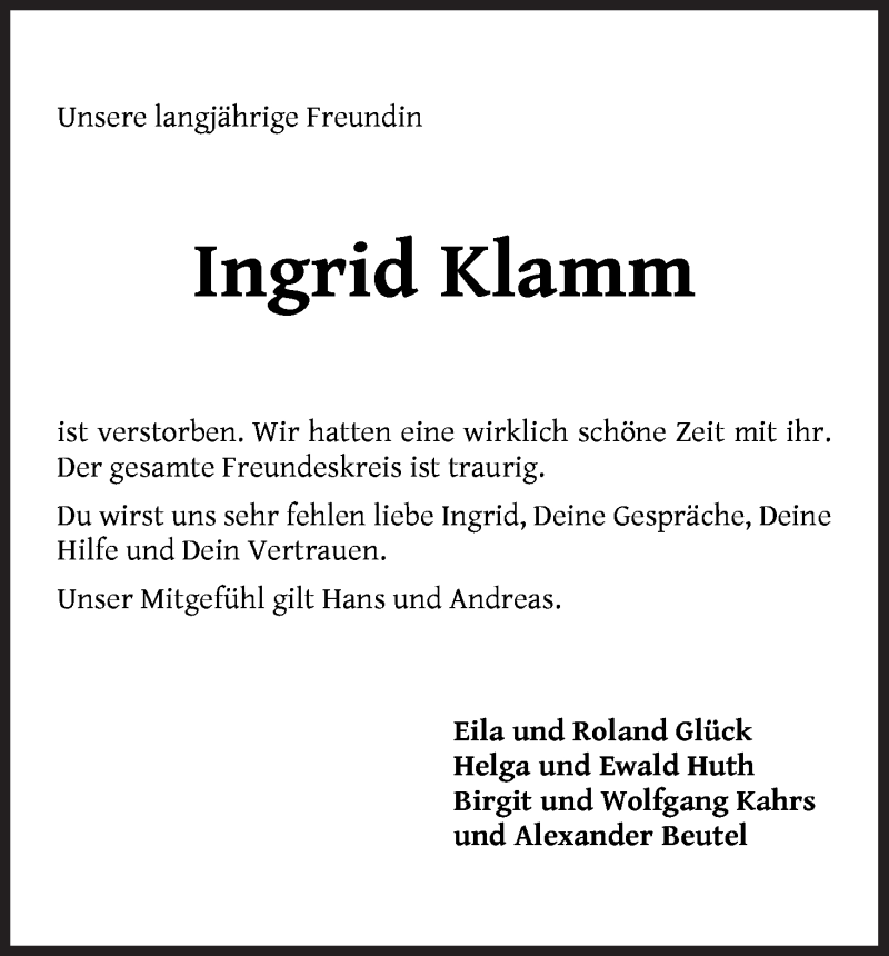 Traueranzeige von Ingrid Klamm von Die Norddeutsche