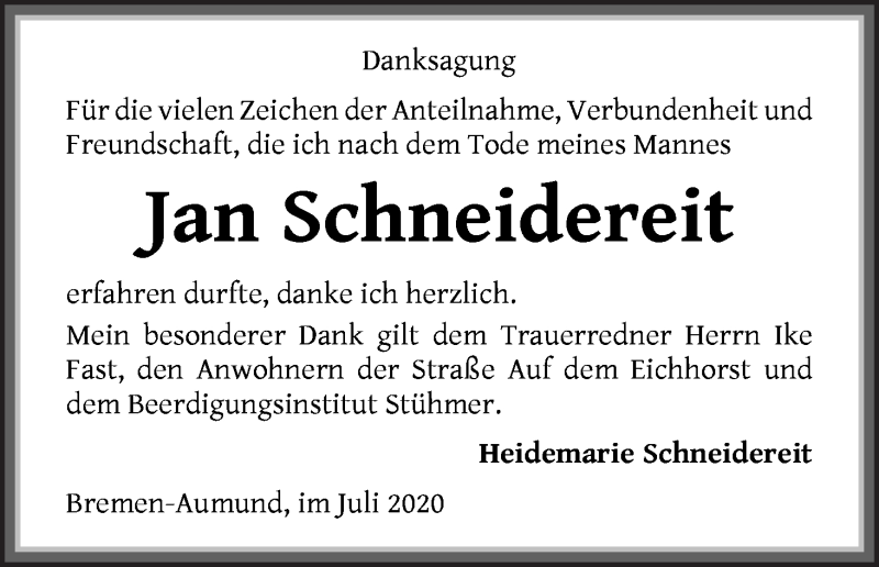 Traueranzeige von Jan Schneidereit von Die Norddeutsche