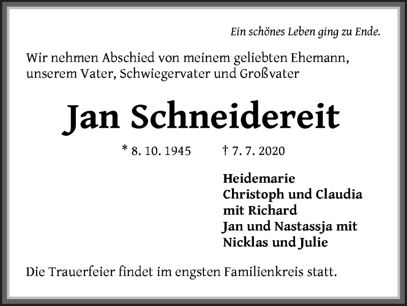 Traueranzeige von Jan Schneidereit von WESER-KURIER