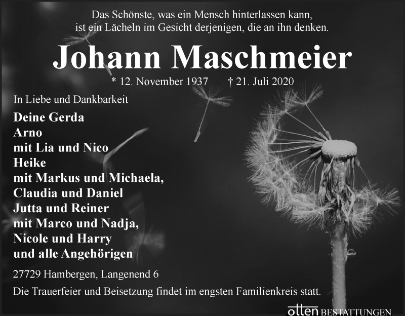Traueranzeige von Johann Maschmeier von Osterholzer Kreisblatt