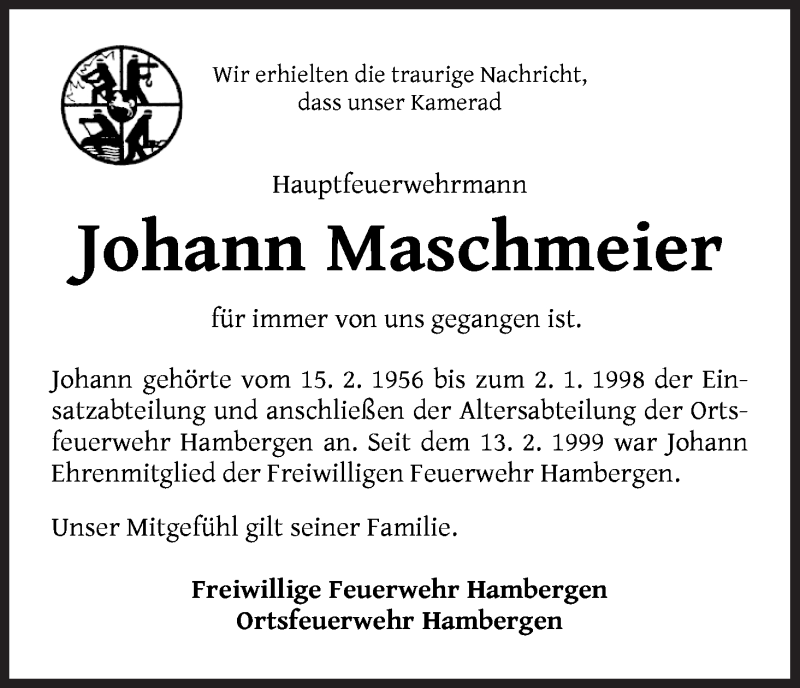 Traueranzeige von Johann Maschmeier von Osterholzer Kreisblatt
