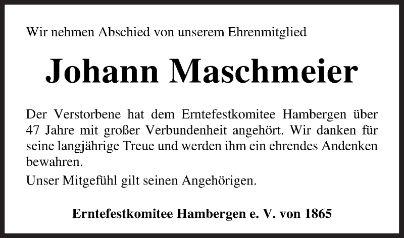 Traueranzeige von Johann Maschmeier von Osterholzer Kreisblatt