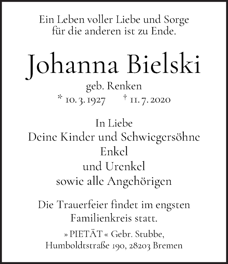Traueranzeige von Johanna Bielski von WESER-KURIER