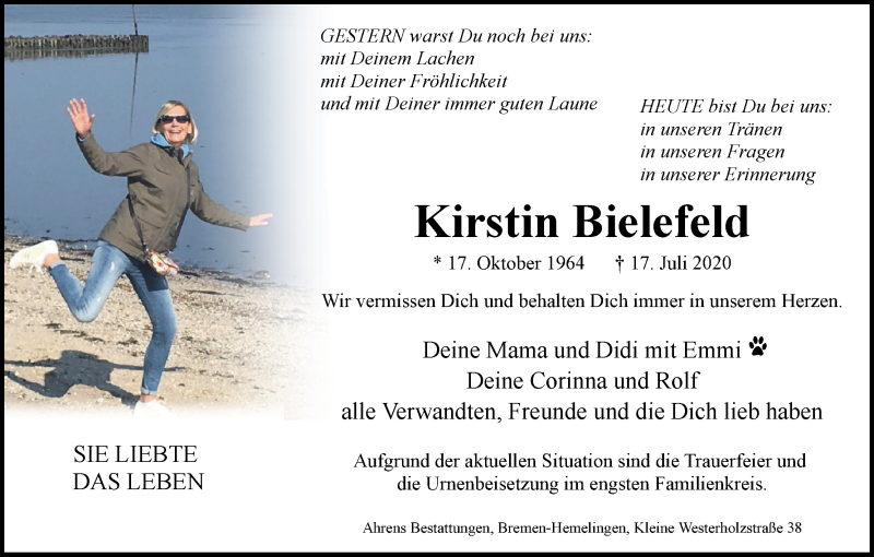 Traueranzeige von Kirstin Bielefeld von WESER-KURIER