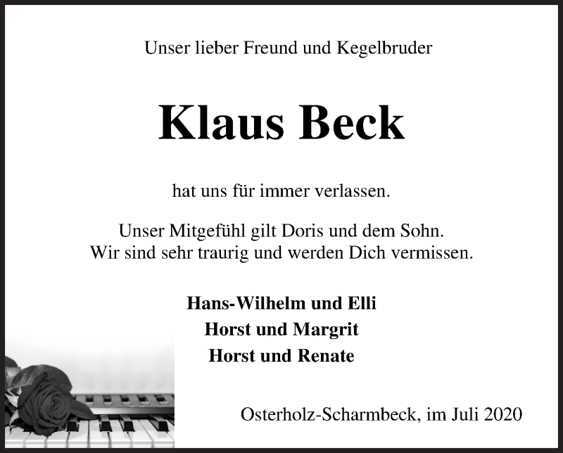 Traueranzeige von Klaus Beck von Osterholzer Kreisblatt