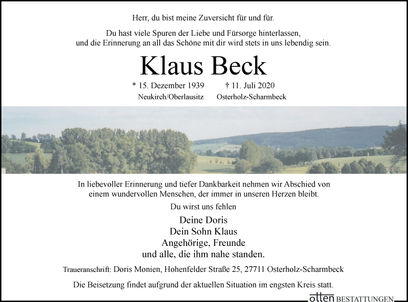 Traueranzeige von Klaus Beck von Osterholzer Kreisblatt