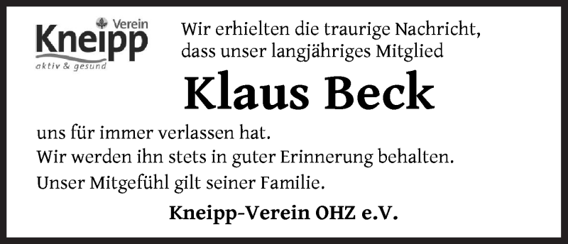 Traueranzeige von Klaus Beck von Osterholzer Kreisblatt