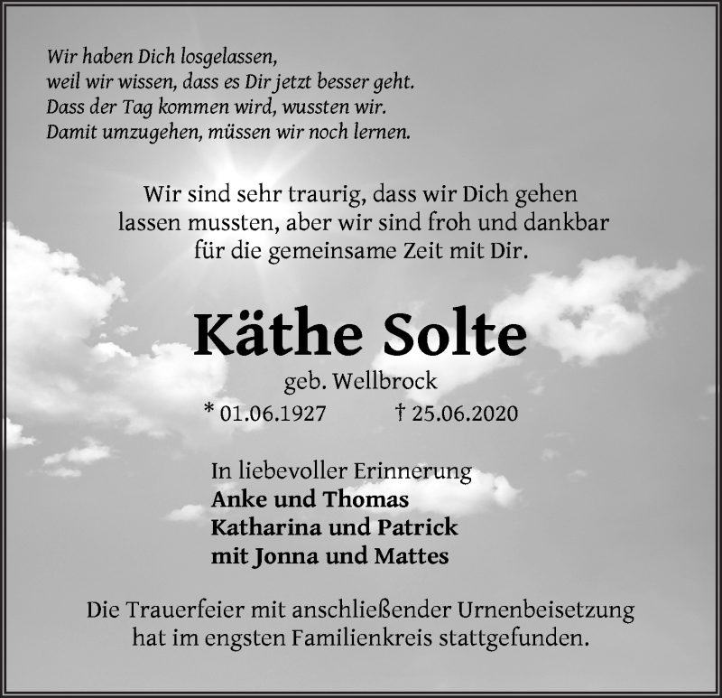 Traueranzeige von Käthe Solte von Die Norddeutsche