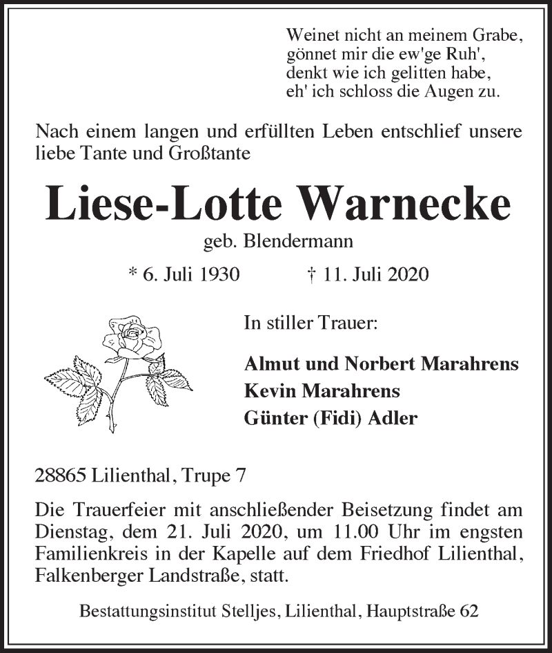 Traueranzeige von Liese-Lotte Warnecke von Wuemme Zeitung