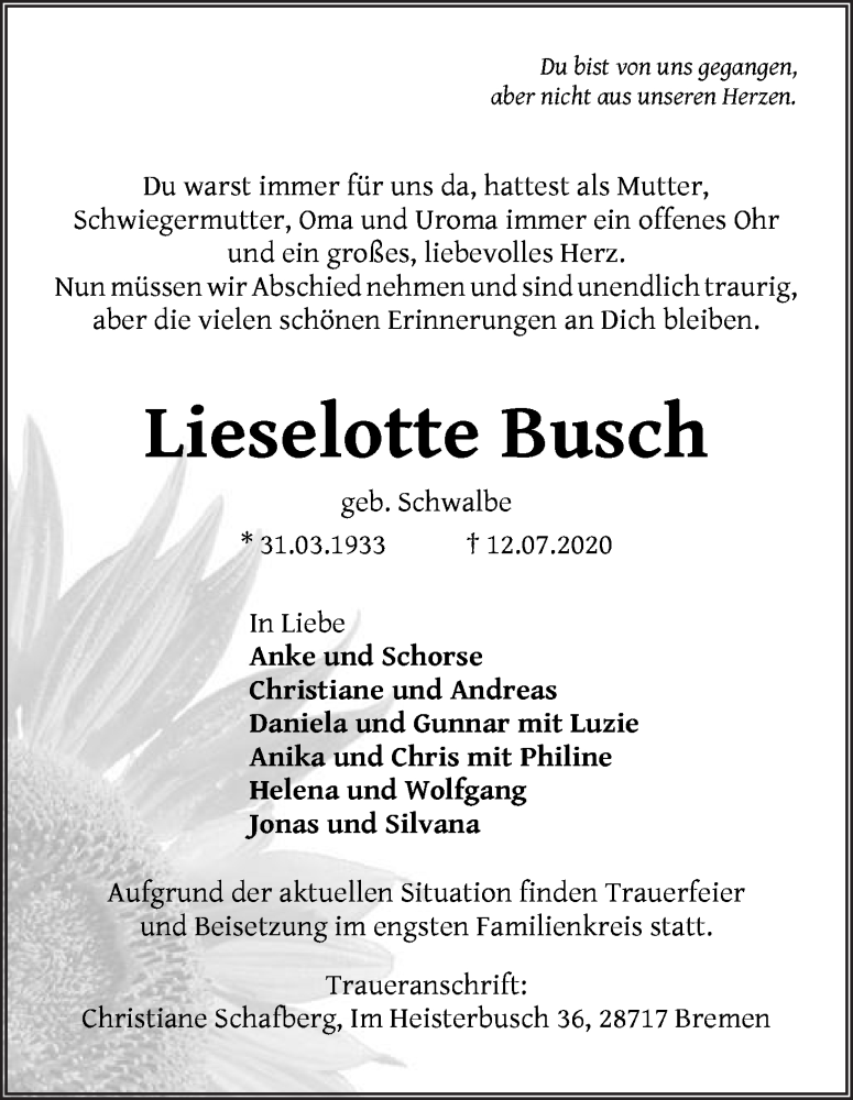 Traueranzeige von Lieselotte Busch von Die Norddeutsche