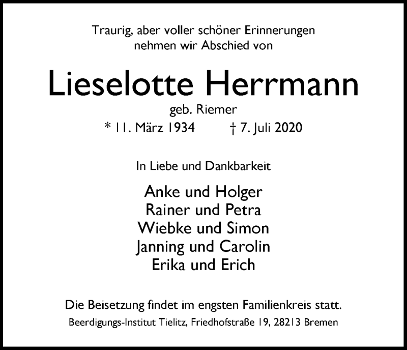 Traueranzeige von Lieselotte Herrmann von WESER-KURIER