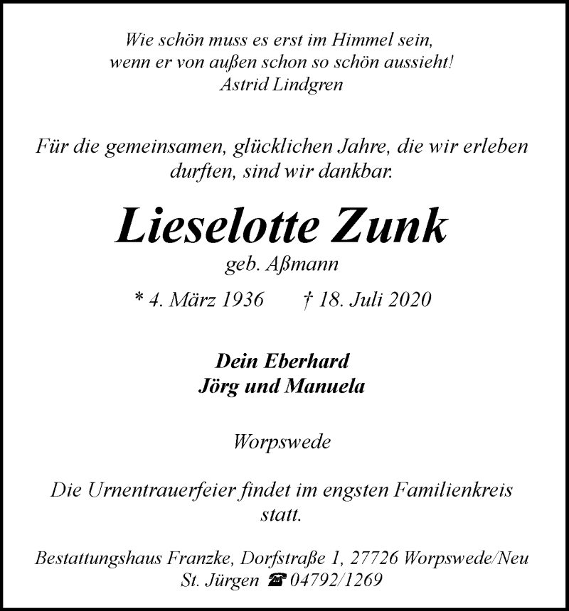 Traueranzeige von Lieselotte Zunk von Wuemme Zeitung