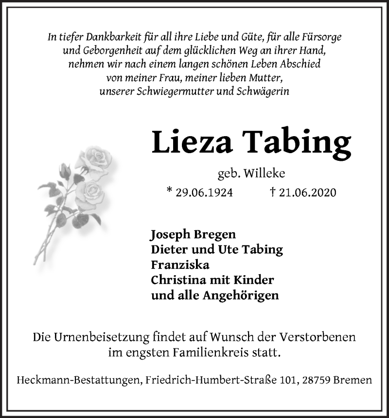 Traueranzeige von Lieza Tabing von Die Norddeutsche