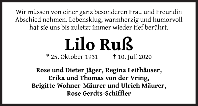 Traueranzeige von Lilo Russ von WESER-KURIER