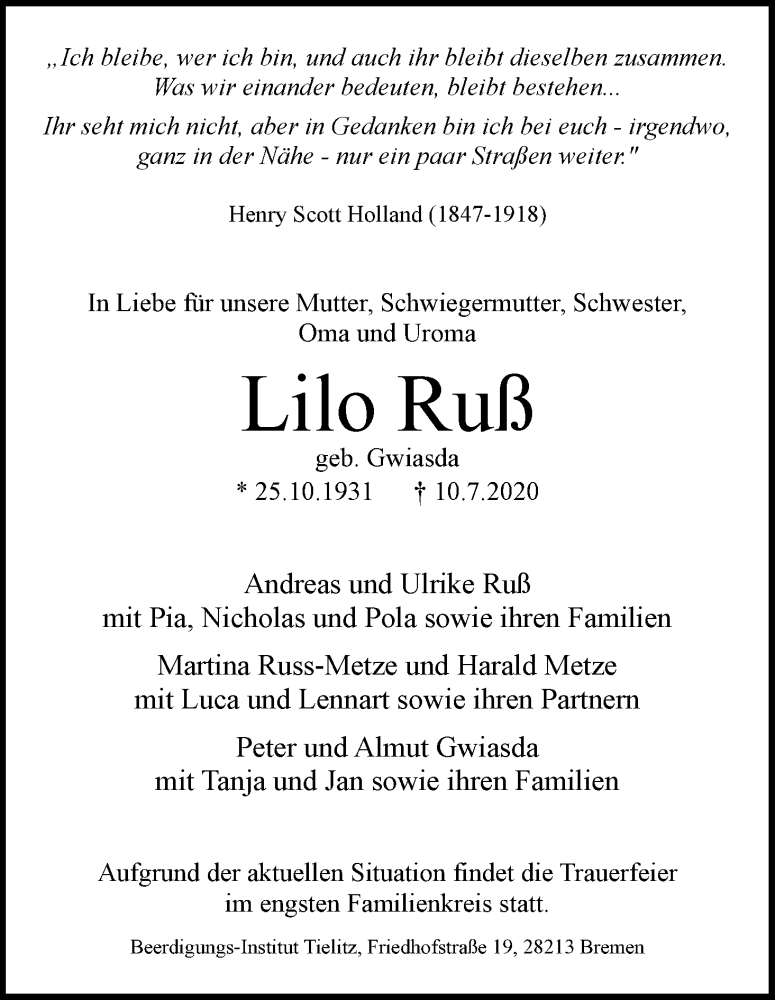 Traueranzeige von Lilo Ruß von WESER-KURIER